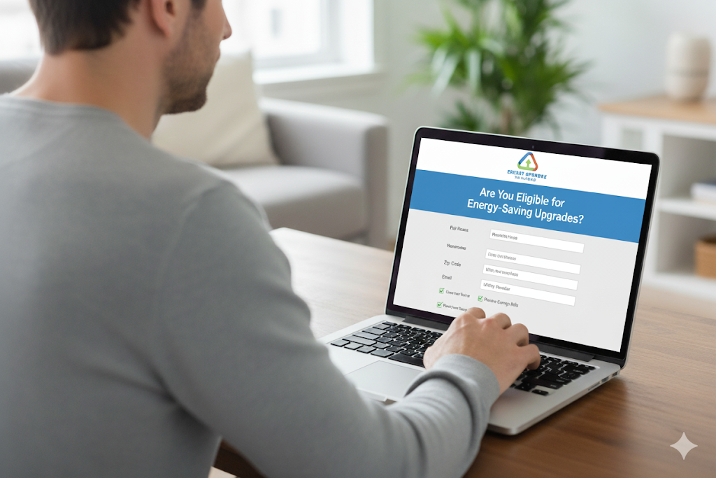 Person checking eligibility for energy-saving upgrades online